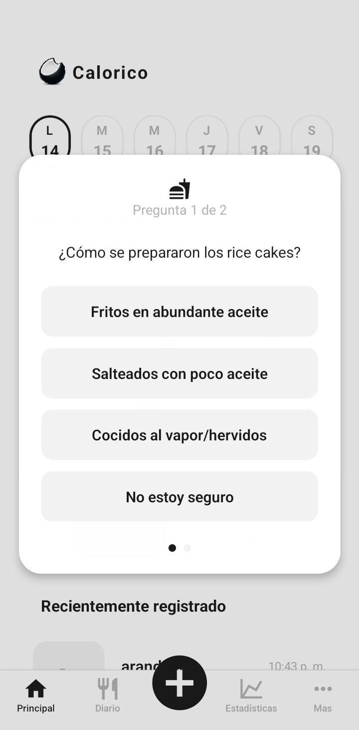 Calorico app interface mostrando función de preguntas IA