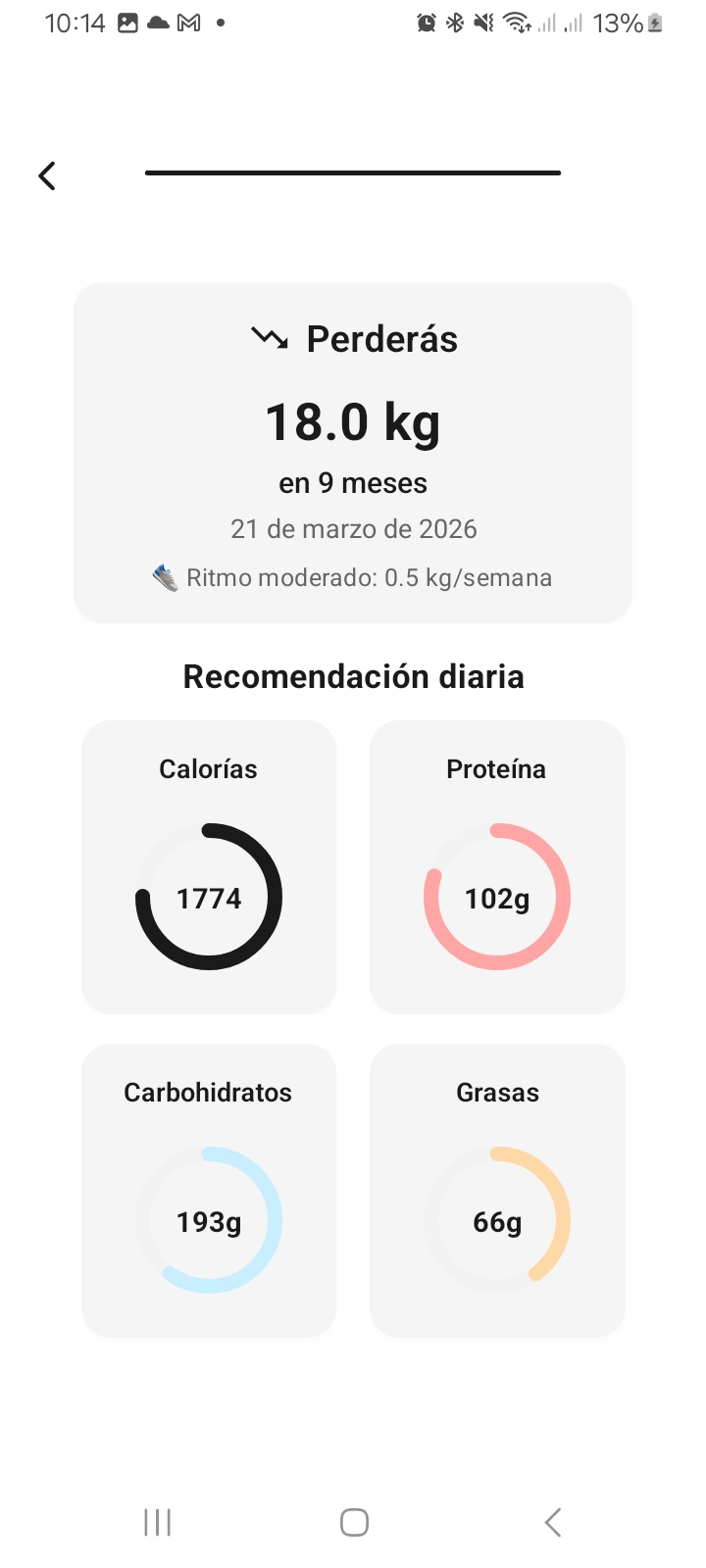 Calorico app interface mostrando reconocimiento de alimentos