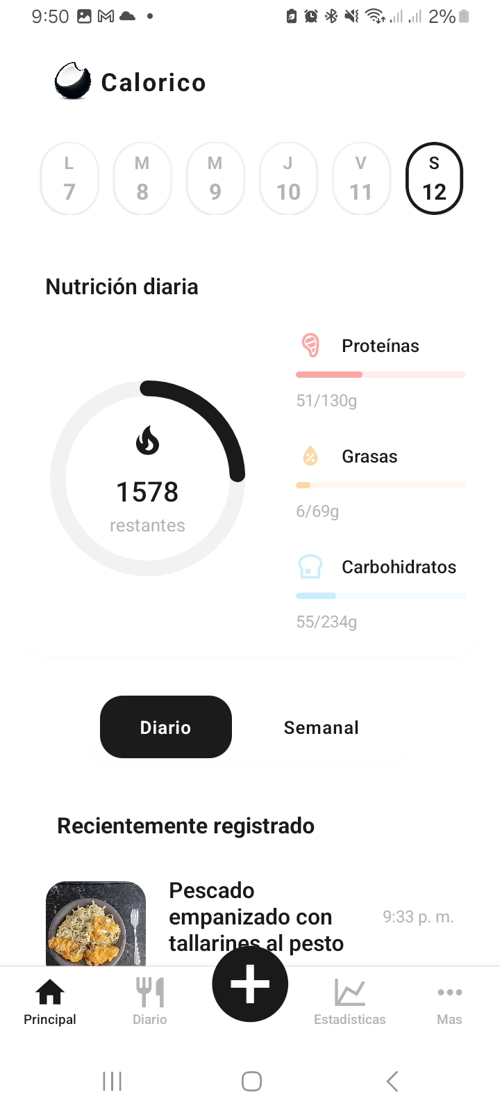 Calorico app interface mostrando base de datos de alimentos