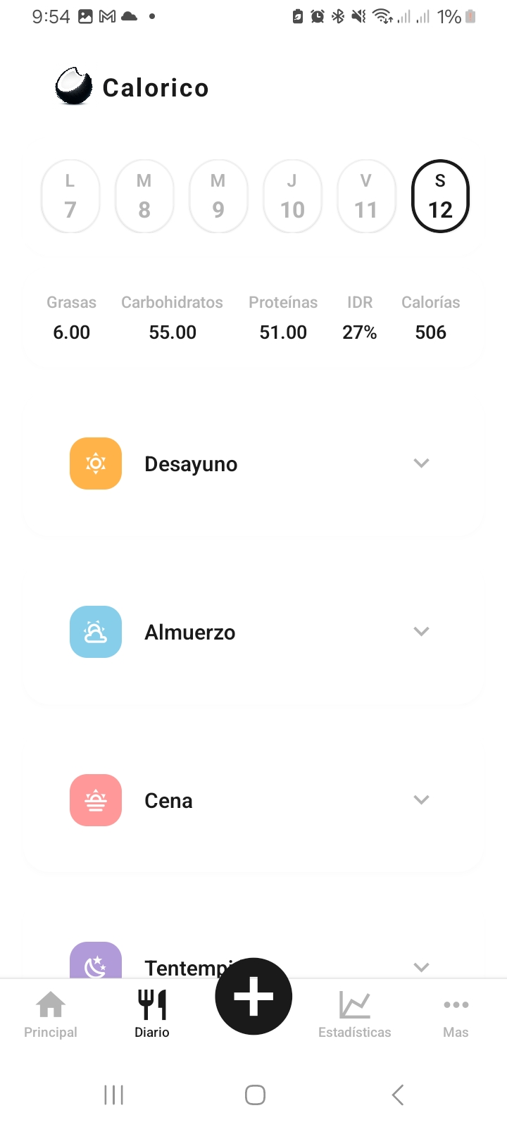 Calorico app interface mostrando seguimiento y análisis